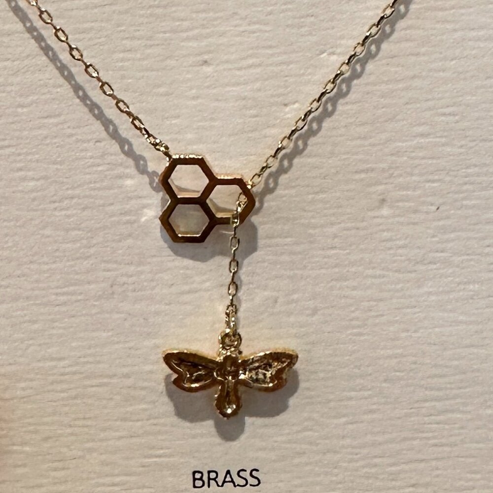 Honeycomb Bumble Bee Lariat Y Necklace Gold Toned